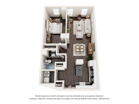 Floor plan for 1 bed, 1 bath, 883 sqft